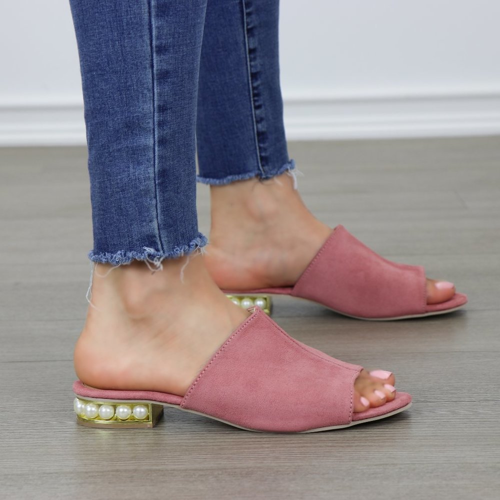 Pink Vegan Suede Loafer Open Toe Sandal Pearl - Picture 2 of 6